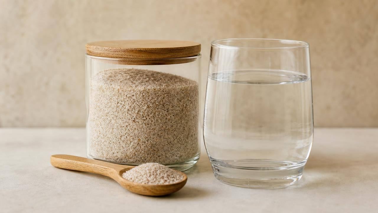 Pote de psyllium em pó ao lado de copo de água e colher sobre bancada clara