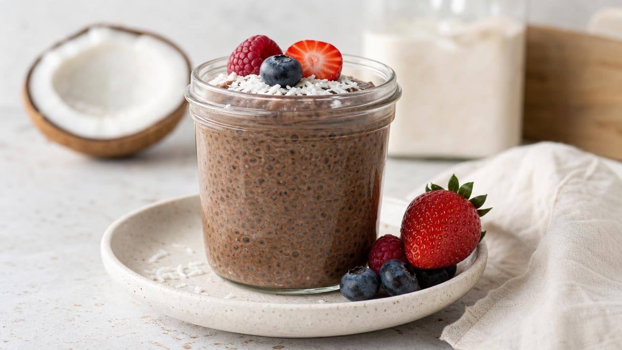 Pote de vidro com pudim de chia low carb de cacau, leite de coco e coco ralado