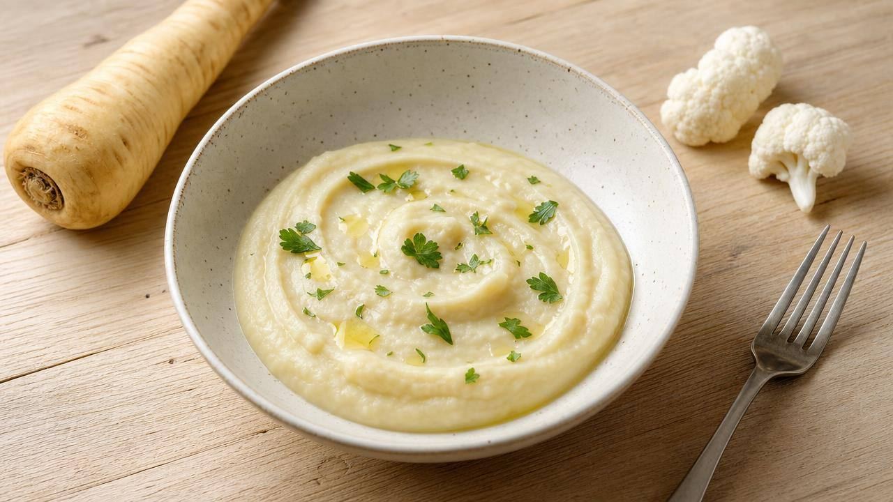 Tigela de purê cremoso de pastinaca e couve-flor, finalizado com ervas frescas