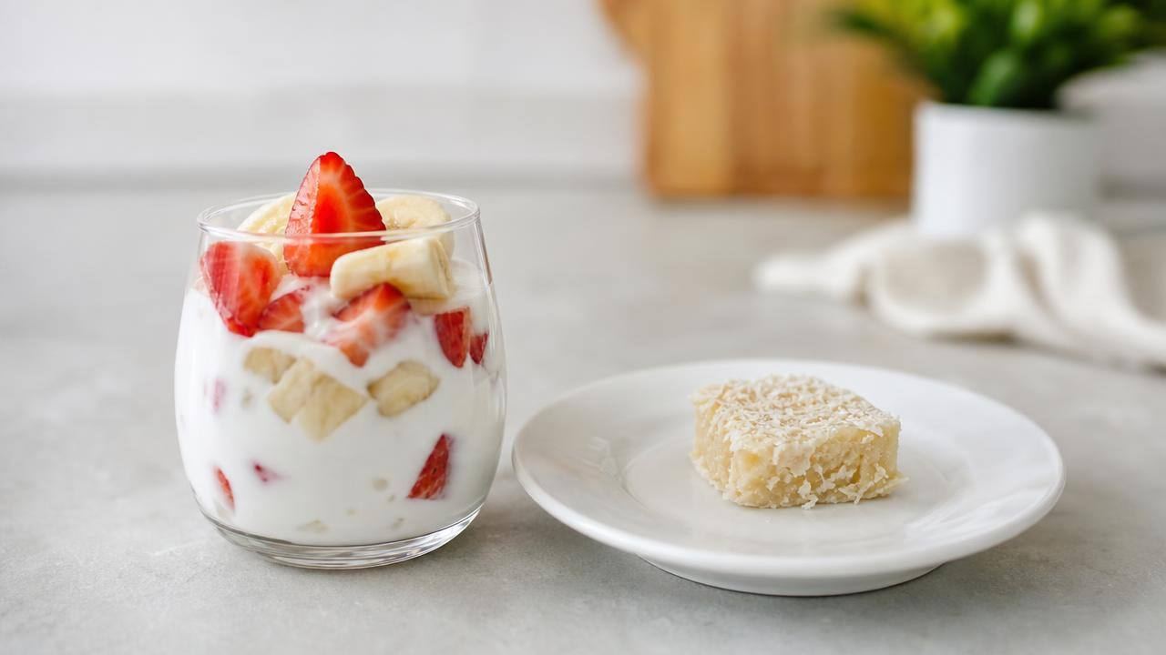 Taça pequena com frutas frescas e sobremesa leve em uma mesa clara, representando escolhas de doces com menos calorias