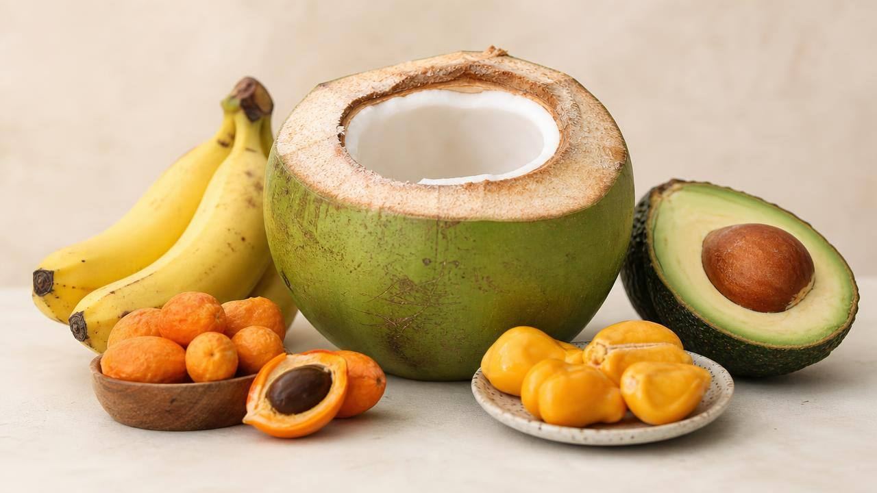 Coco aberto, banana, abacate e outras frutas frescas organizadas sobre uma mesa clara
