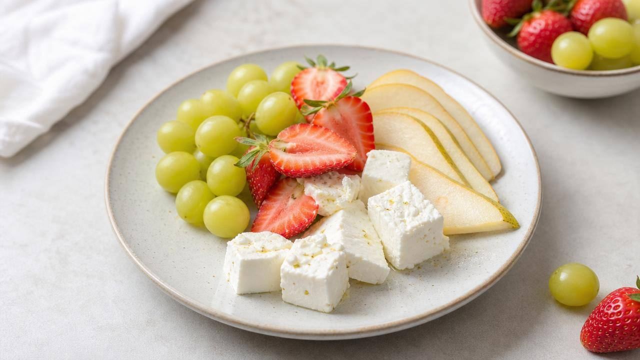 Prato com porção de queijo branco, morangos, uvas e fatias de pera em composição limpa e equilibrada