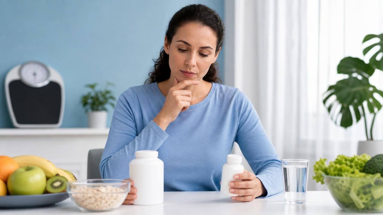 Pessoa avaliando frascos de suplemento e medicamento ao lado de alimentos saudáveis, com balança ao fundo
