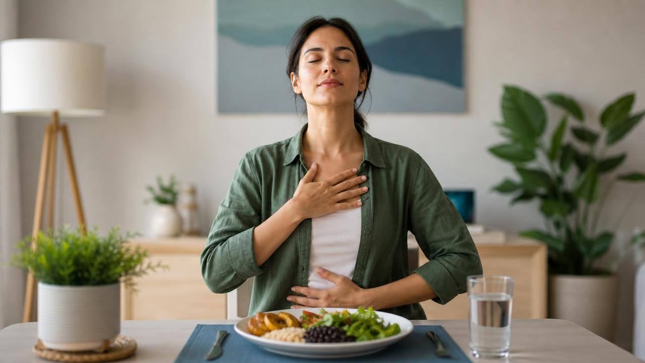 Pessoa sentada à mesa respirando profundamente antes de uma refeição equilibrada, representando a relação entre raiva, estresse e alimentação