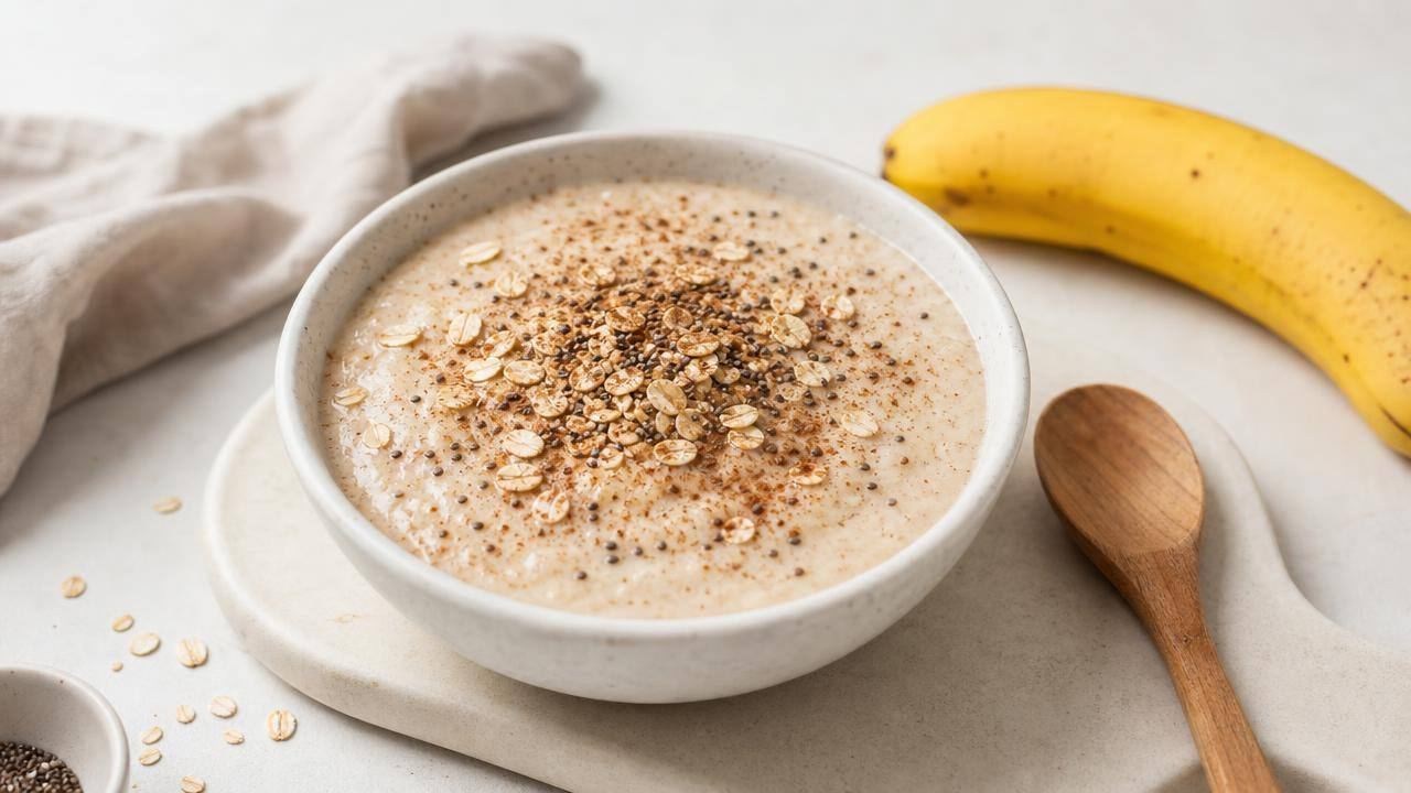 Tigela de vitamina de banana com aveia, canela e sementes sobre mesa clara