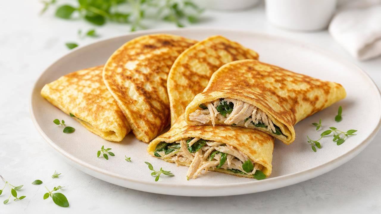 Panquecas low carb dobradas em prato claro, com recheio salgado e ervas frescas