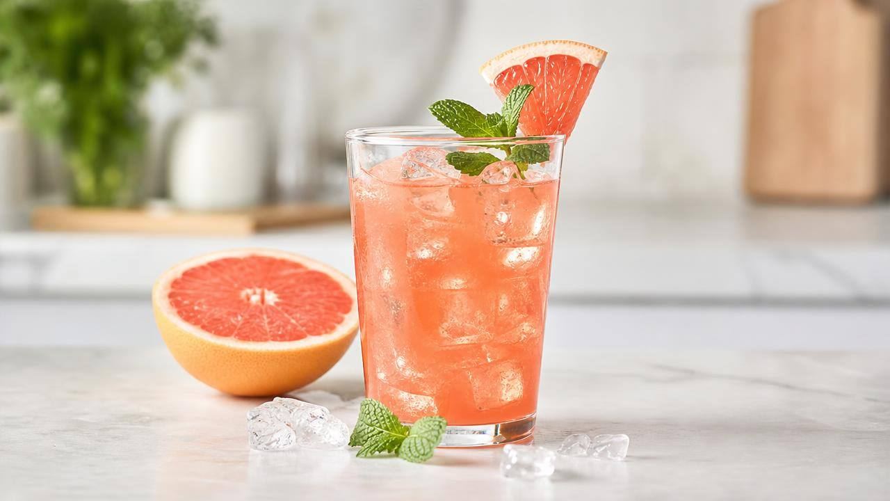 Copo de bebida de toranja com meia fruta ao lado sobre bancada clara