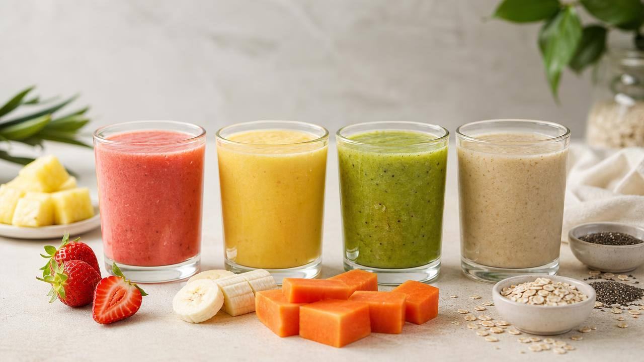 Copo de smoothie de frutas vermelhas com aveia e chia sobre bancada clara, acompanhado de frutas frescas