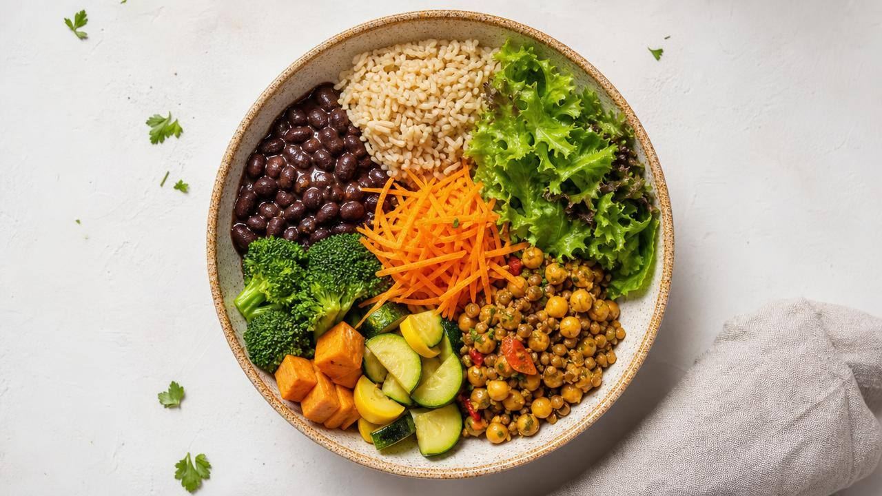 Prato equilibrado com feijão, legumes, grãos integrais e pequena porção de proteína vegetal, representando a redução da carne vermelha
