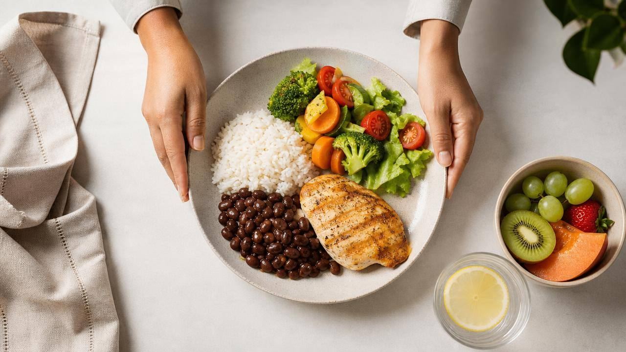 Pessoa organizando uma refeição equilibrada com arroz, feijão, legumes e frutas em uma mesa clara
