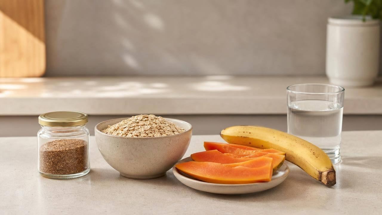Pote com linhaça moída, aveia, frutas e um copo de água em bancada de cozinha clara