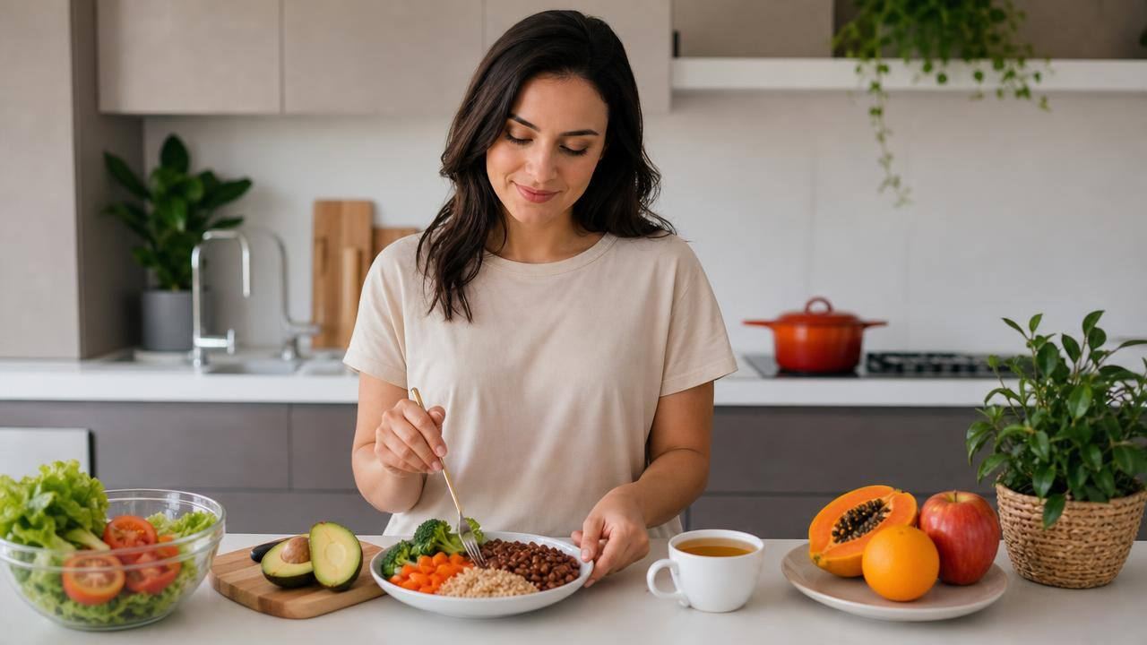 Pessoa preparando uma refeição caseira equilibrada com frutas, verduras e chá sem açúcar em uma cozinha clara