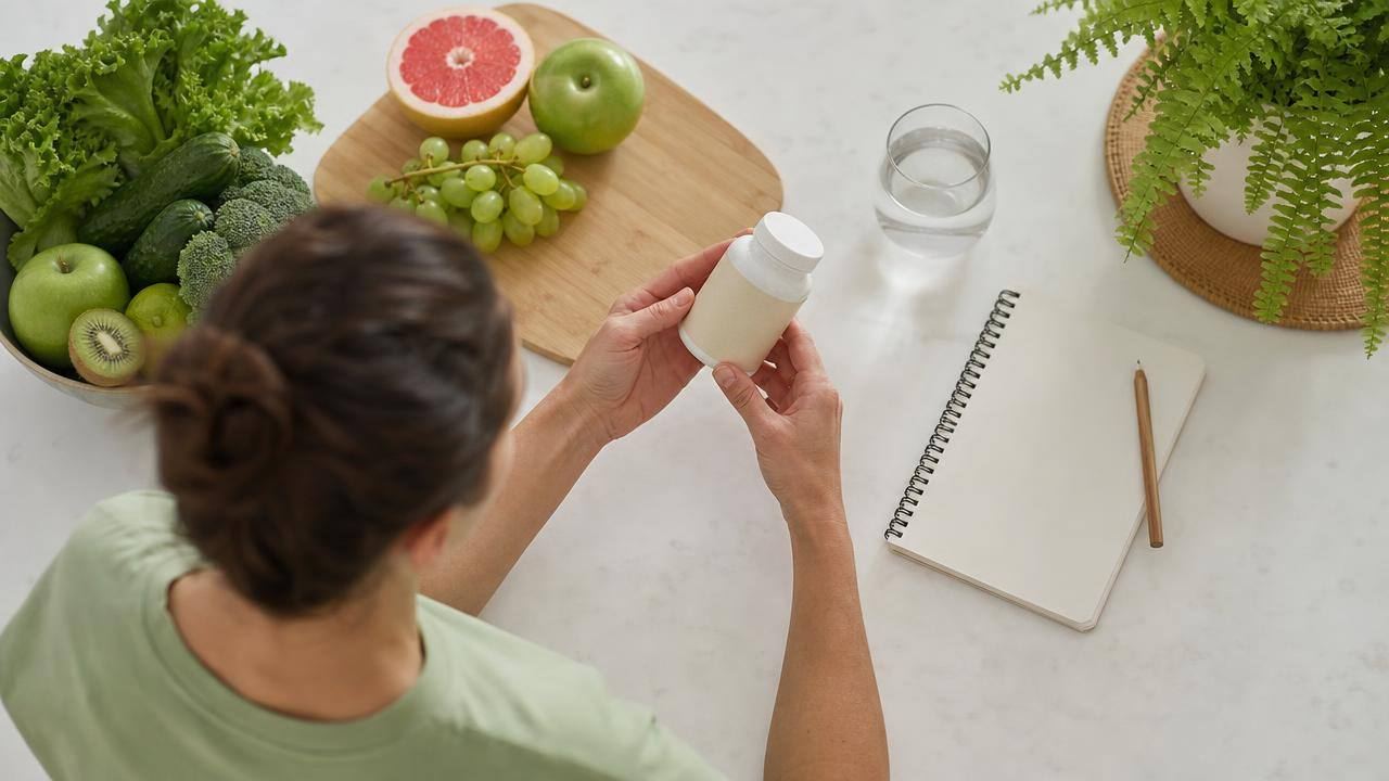 Pessoa analisando rótulos de suplementos e alimentos frescos sobre uma bancada clara, representando escolhas seguras para emagrecer