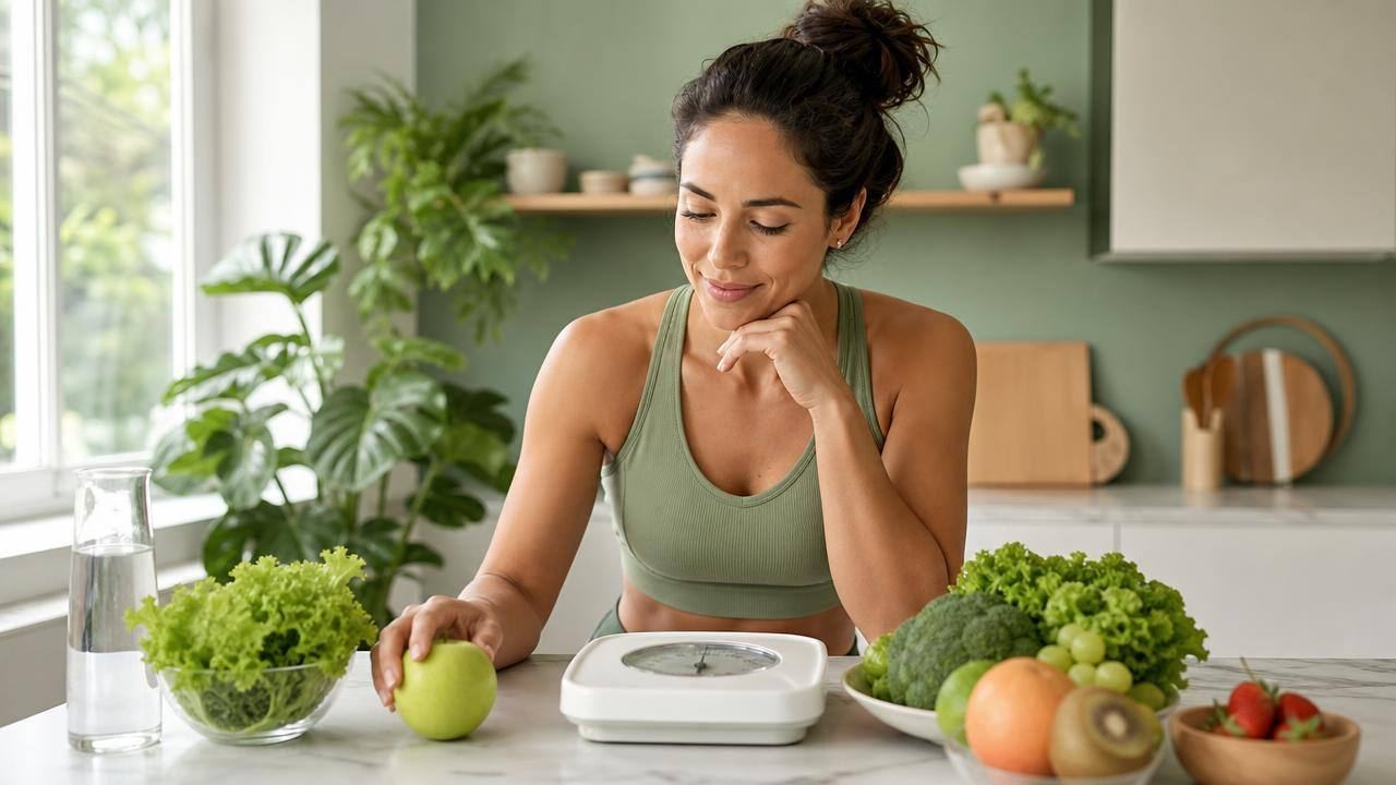 Pessoa adulta observando uma balança e escolhendo alimentos frescos em uma cozinha clara e organizada