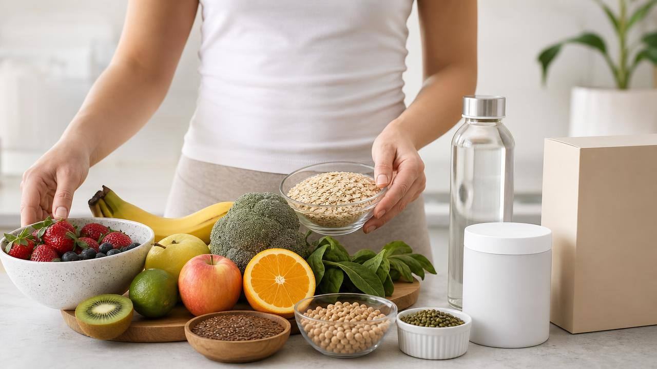 Pessoa organizando alimentos naturais e uma garrafa de água em uma bancada, representando emagrecimento com segurança