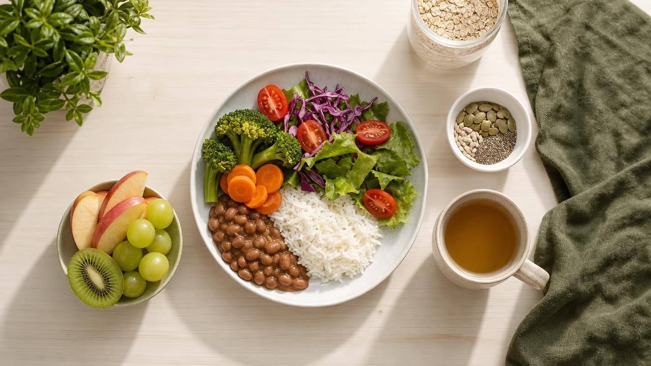 Mesa com chá, frutas, aveia e sementes ao lado de um prato de comida caseira equilibrada