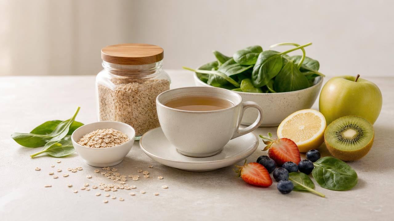 Chá, fibras e alimentos naturais organizados sobre uma mesa clara, representando cuidados com produtos naturais para emagrecimento