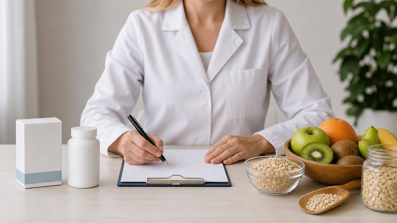 Profissional de saúde analisando opções de medicamentos e suplementos para emagrecimento em uma mesa limpa