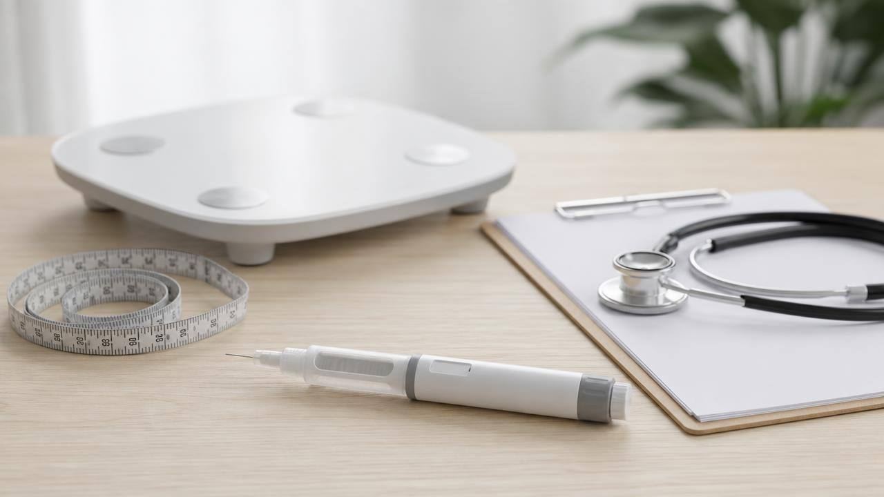 Caneta injetável, fita métrica e prontuário médico sobre mesa clara, representando o uso responsável de medicamentos para emagrecer