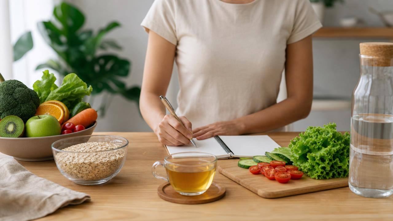 Pessoa organizando alimentos frescos, chá sem açúcar e uma rotina de cuidados com o peso