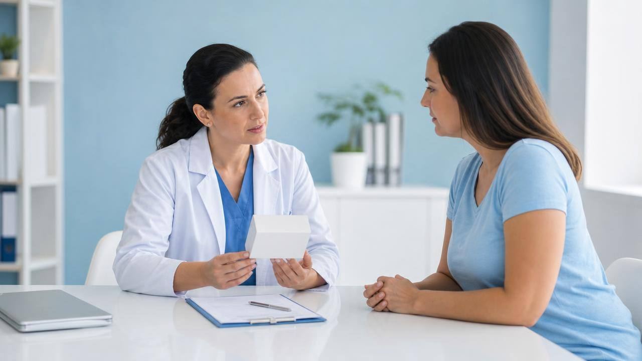 Profissional de saúde orientando paciente sobre medicamentos para emagrecer em consultório