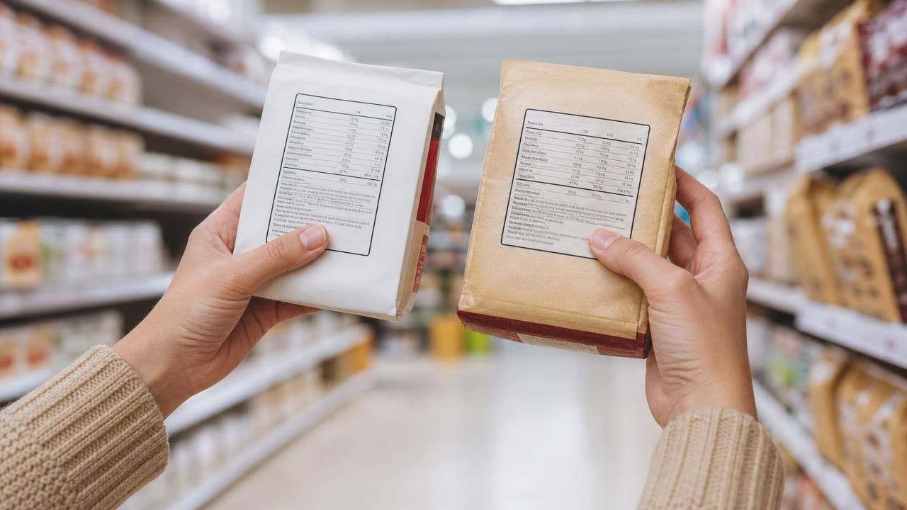 Pessoa comparando rótulos de dois alimentos embalados em um supermercado, com foco na tabela nutricional e na lista de ingredientes.