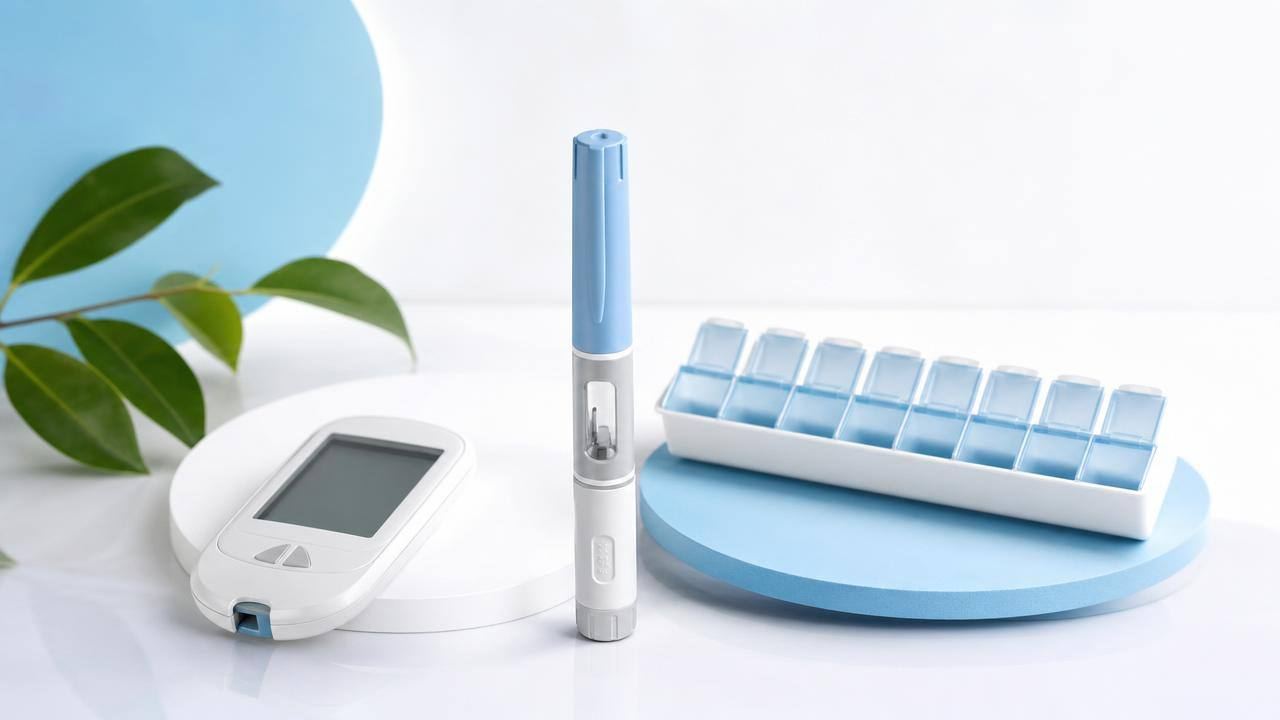 Caneta injetável de semaglutida sobre fundo claro com elementos discretos relacionados ao controle do diabetes