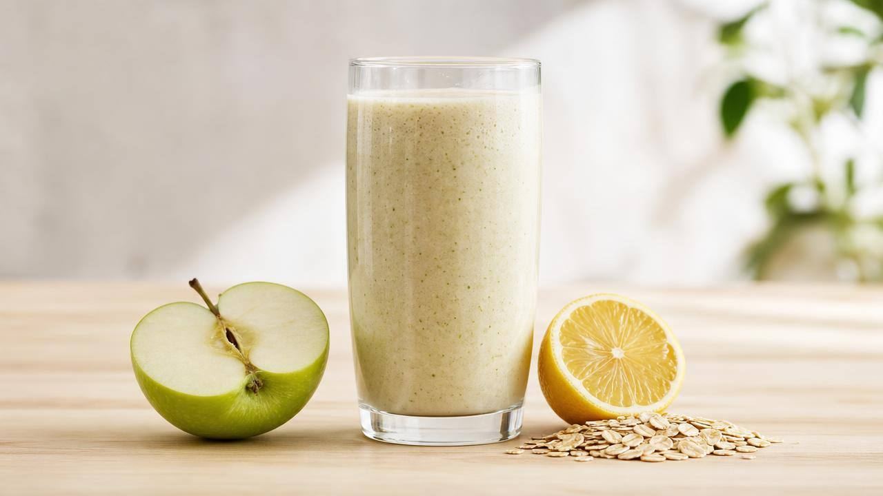 Copo de shake de aveia, maçã e limão ao lado de maçã verde, limão e aveia em uma mesa clara