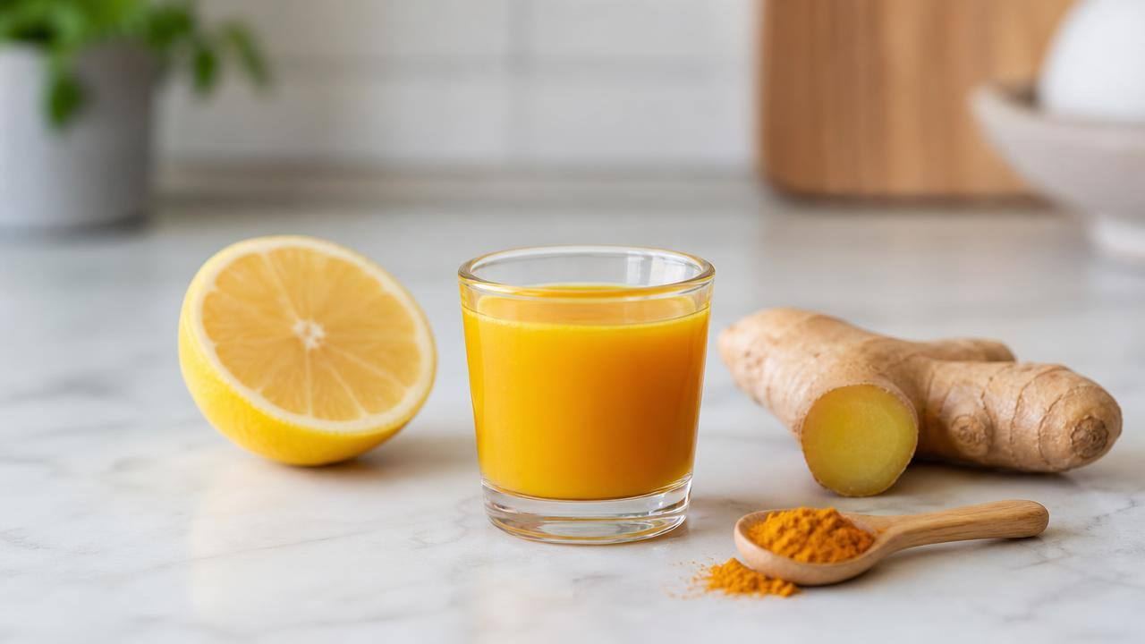 Copo pequeno com shot amarelo de cúrcuma, limão e gengibre sobre bancada clara, com ingredientes ao redor