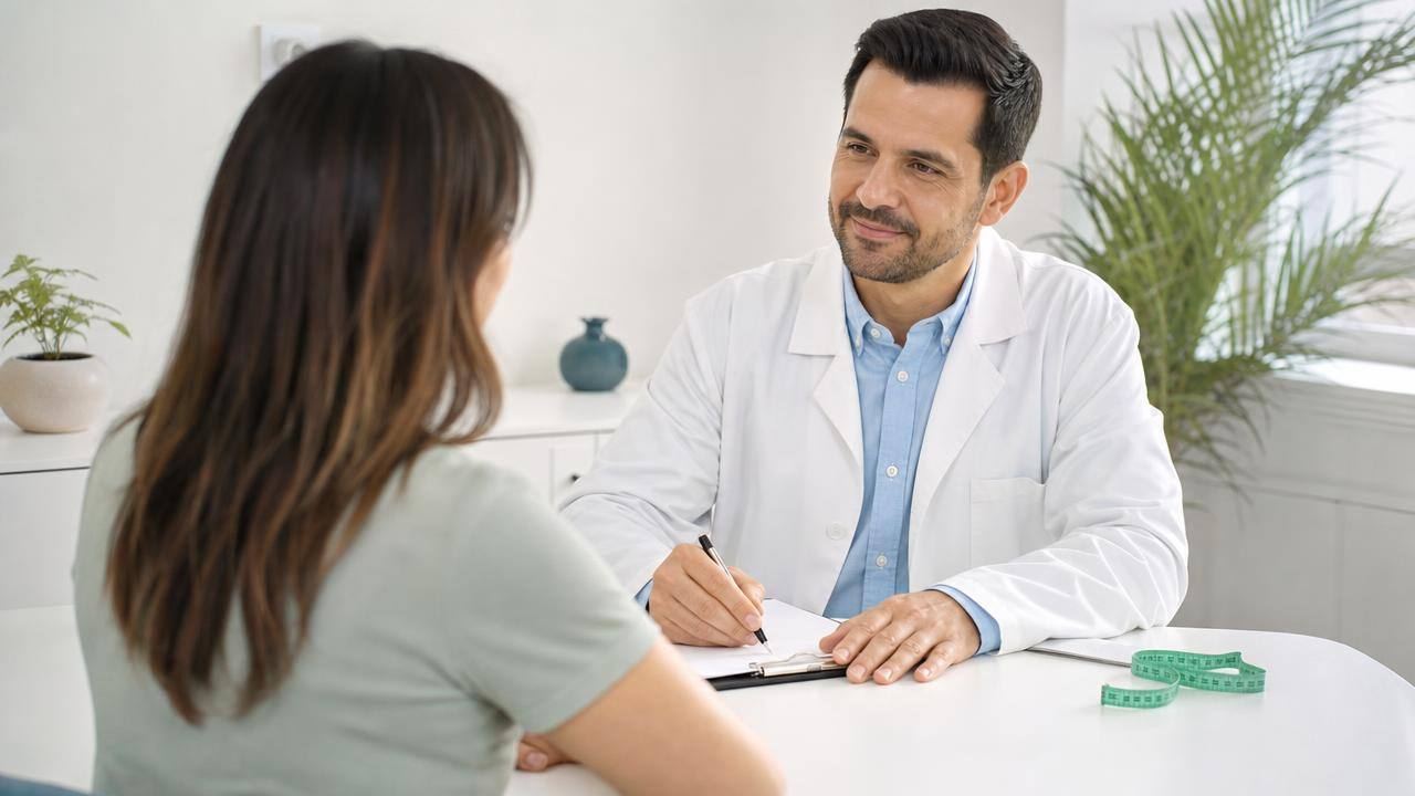 Profissional de saúde orientando paciente sobre uso seguro de medicamento para controle de apetite