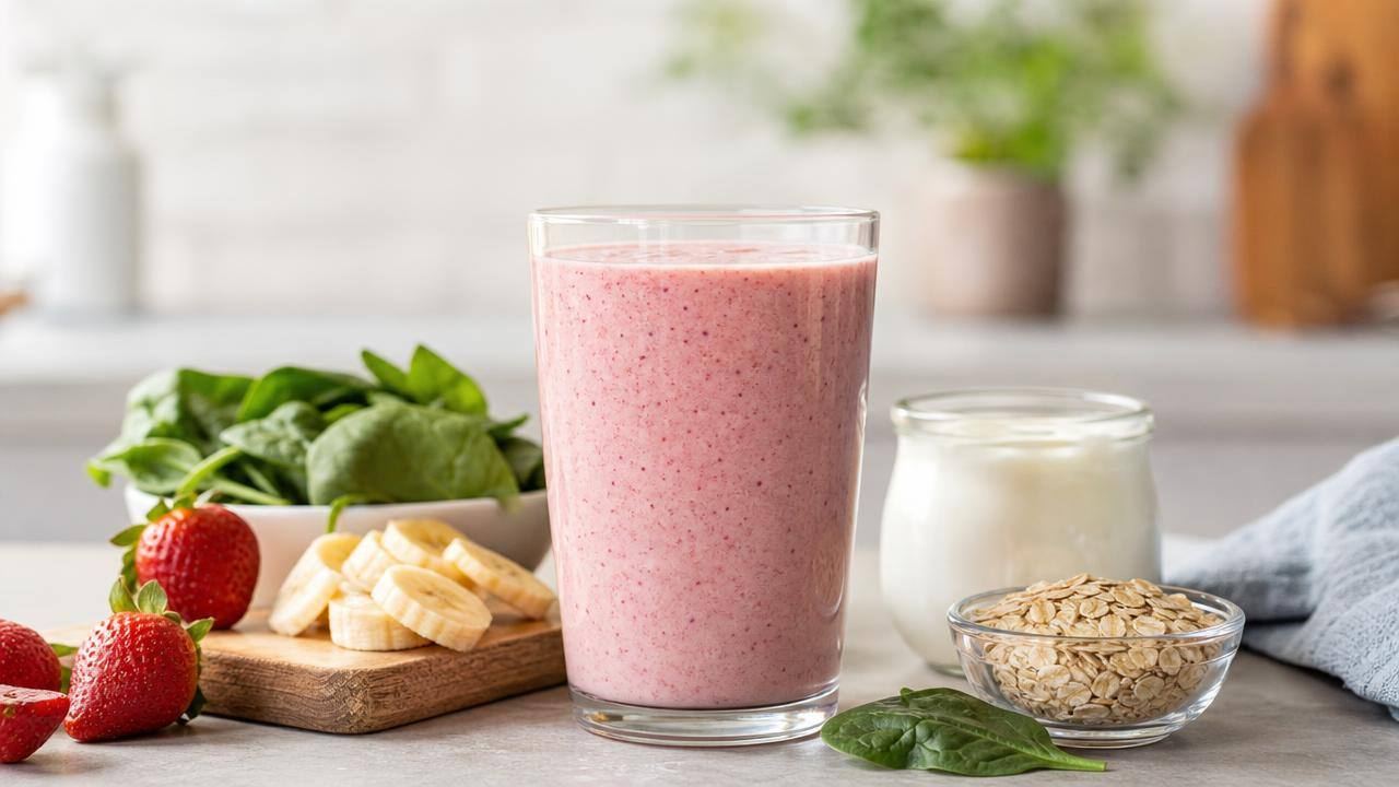 Smoothie proteico em copo de vidro com banana, frutas e folhas de espinafre ao lado