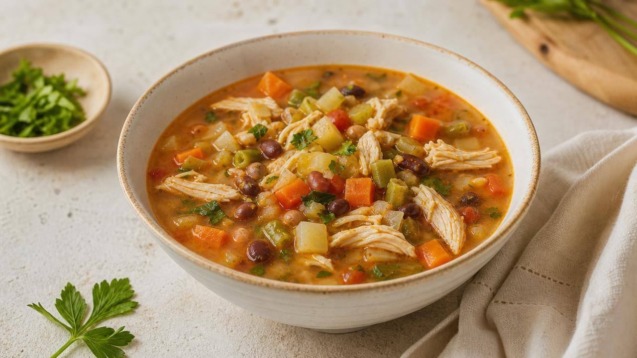 Tigela de sopa caseira de legumes com frango desfiado em mesa clara, composição limpa e equilibrada