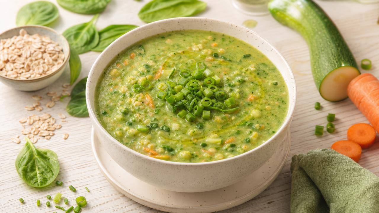 Tigela de sopa verde cremosa com aveia, legumes e ervas frescas
