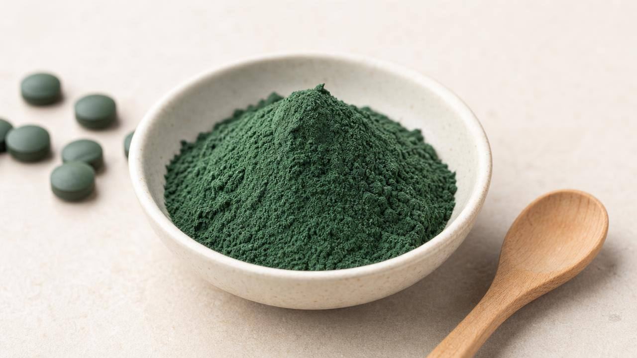 Pó verde-azulado de spirulina em pequena tigela sobre fundo claro, com composição limpa e editorial