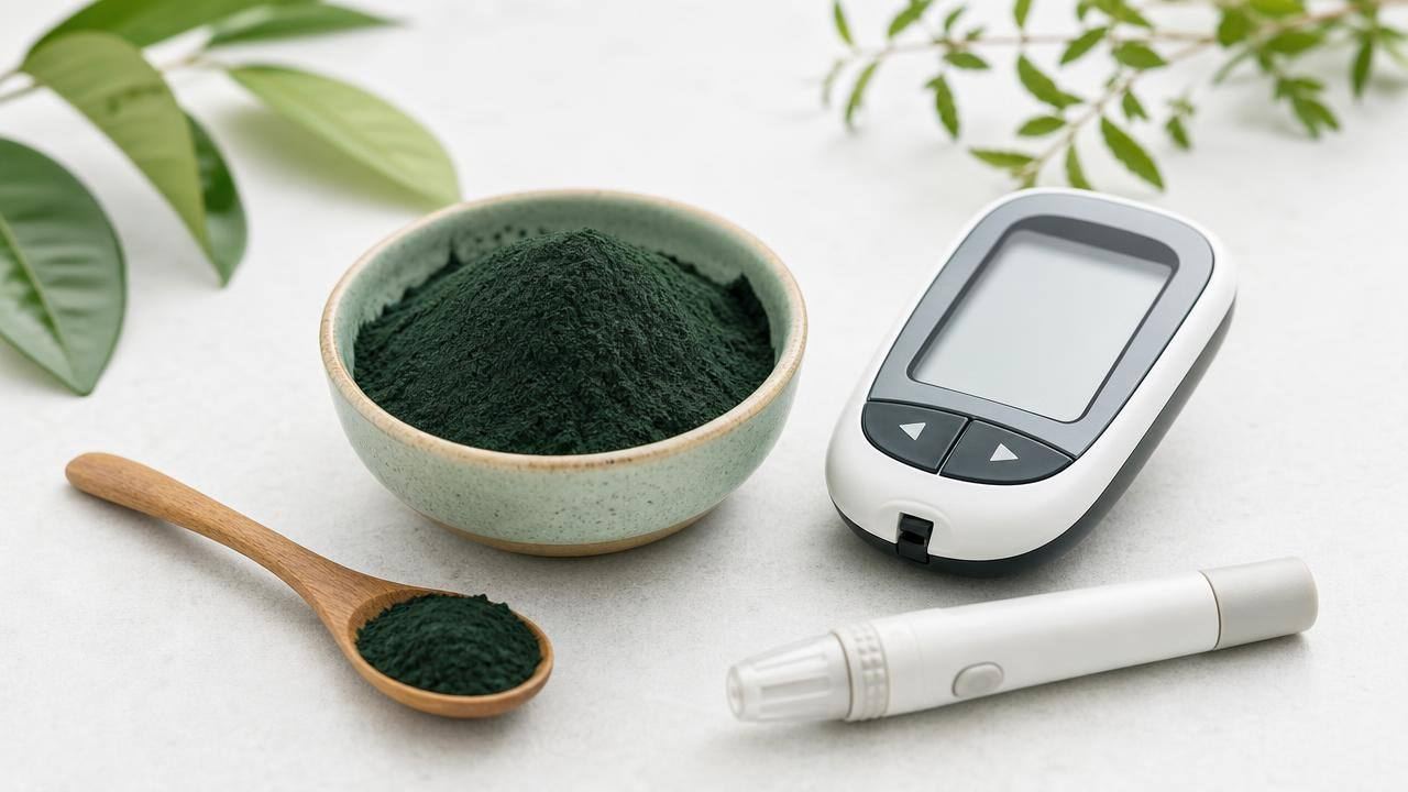 Pó verde de spirulina em uma colher ao lado de um medidor de glicose, em fundo claro e organizado.
