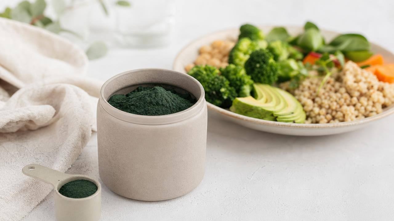 Pote de spirulina em pó ao lado de colher medidora e alimentos naturais em mesa clara