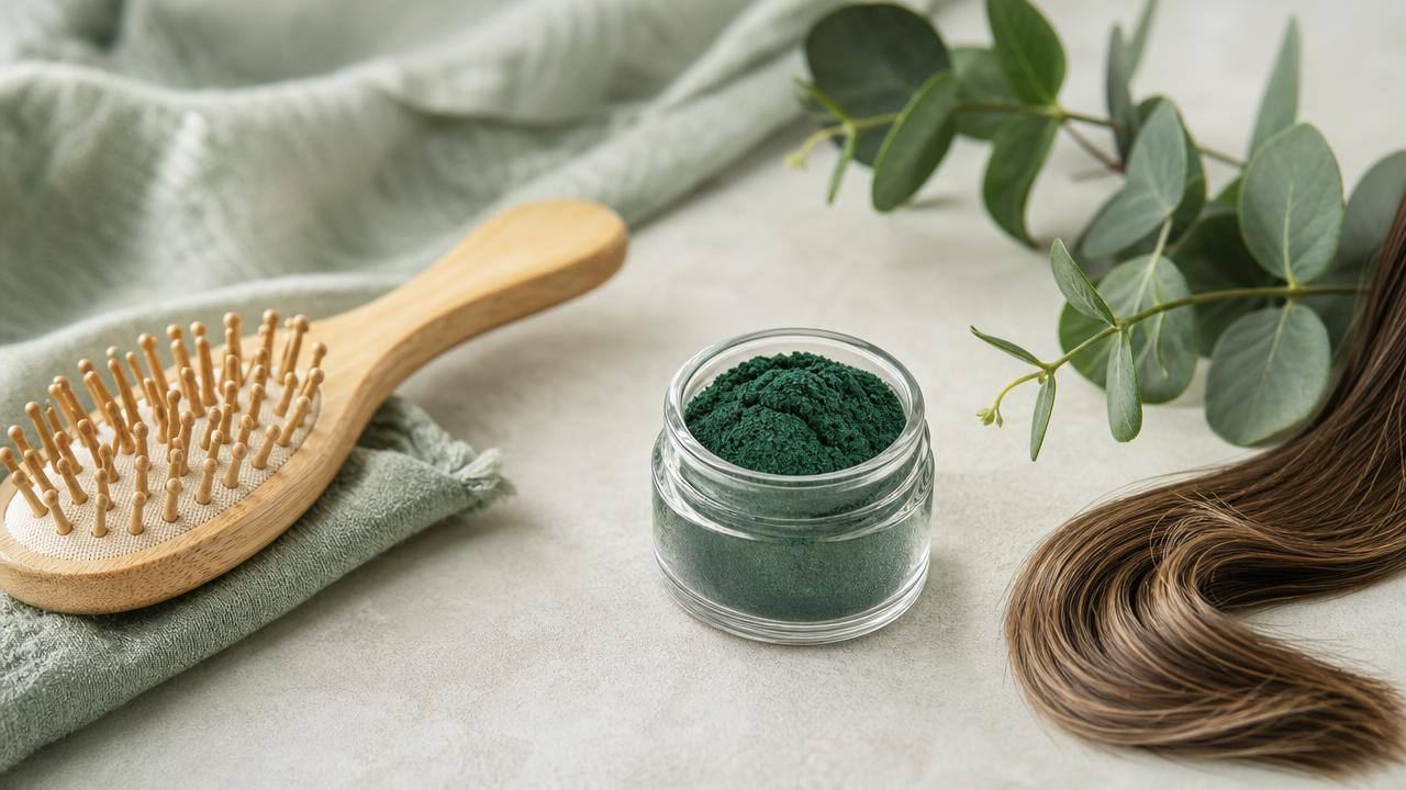 Pote de spirulina em pó ao lado de escova de cabelo e folhas verdes, em composição editorial limpa