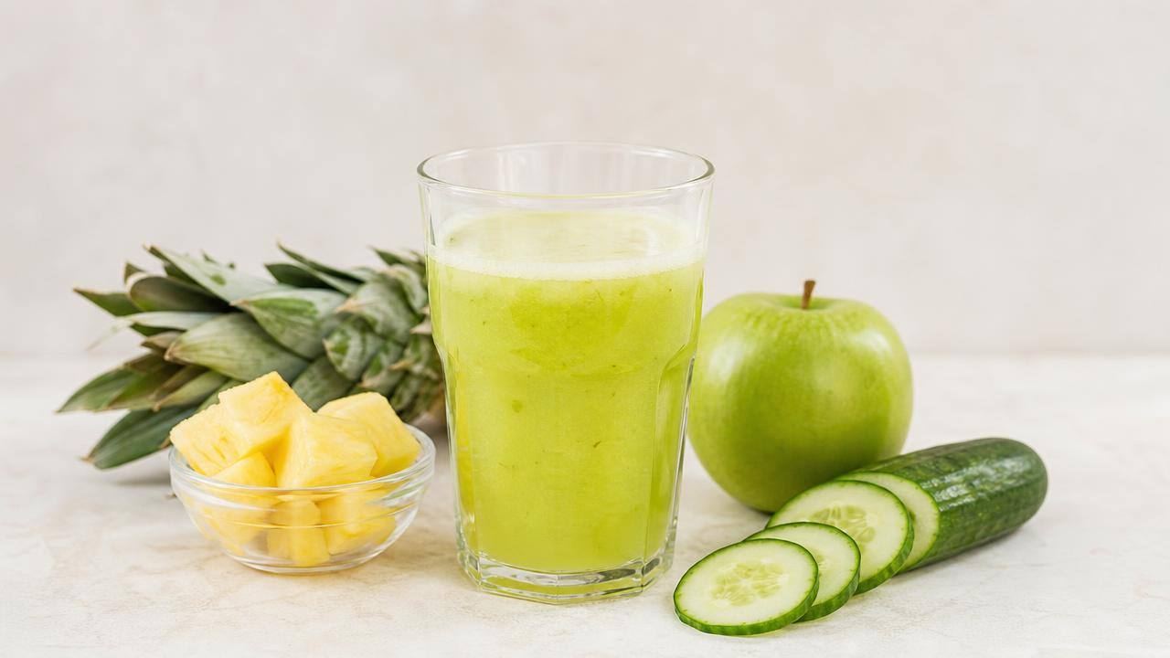 Copo de suco verde-claro de abacaxi, pepino e maçã com ingredientes frescos ao lado em fundo claro