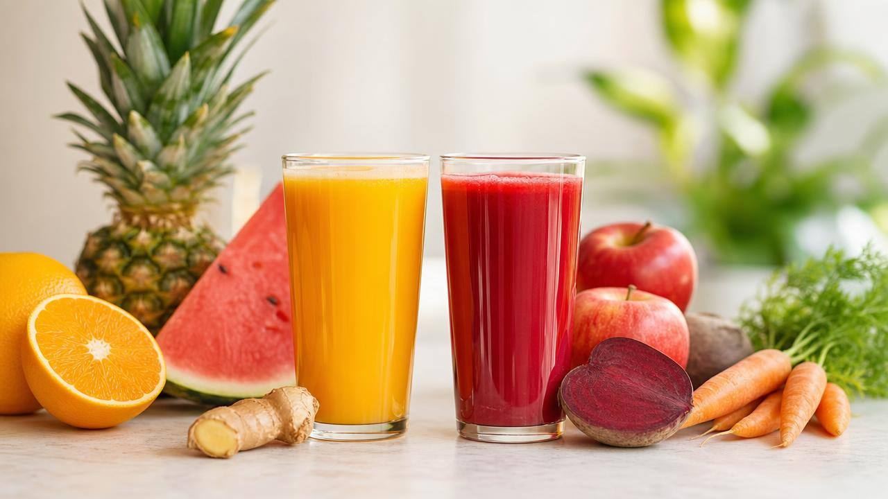 Copo de suco natural com frutas, cenoura e gengibre sobre uma bancada clara