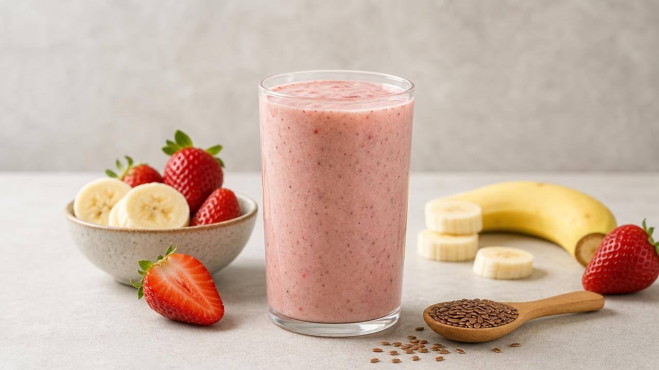 Copo de vitamina de banana e morango com linhaça ao lado de frutas frescas sobre bancada clara
