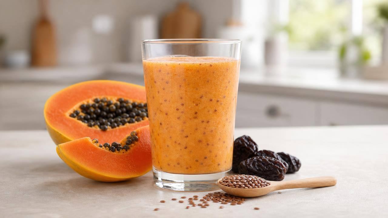 Copo de suco de mamão com ameixas e linhaça sobre bancada clara, com ingredientes frescos ao redor