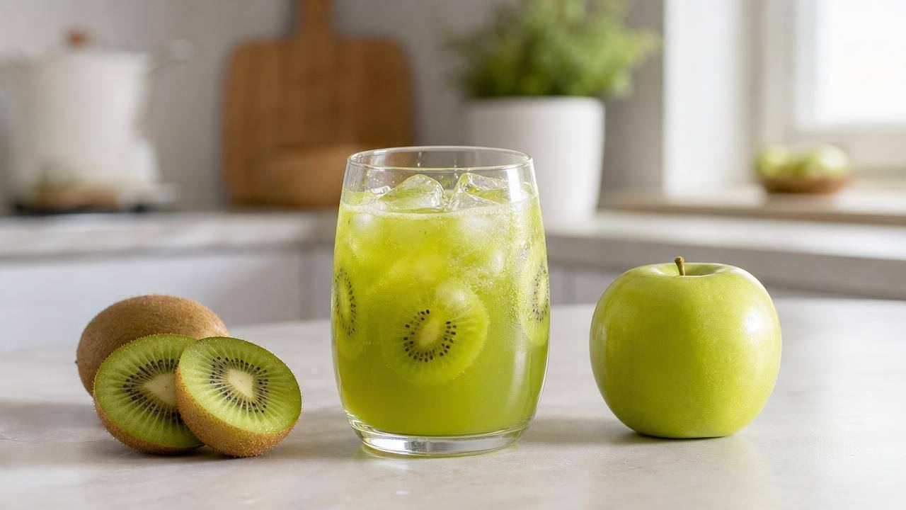Copo de suco verde-claro com kiwi e maçã ao lado, em uma bancada clara e minimalista