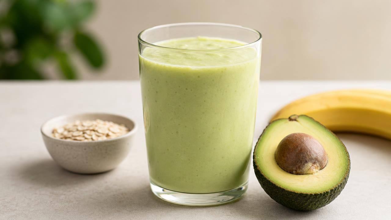 Copo de suco de abacate cremoso com abacate cortado e aveia sobre mesa clara