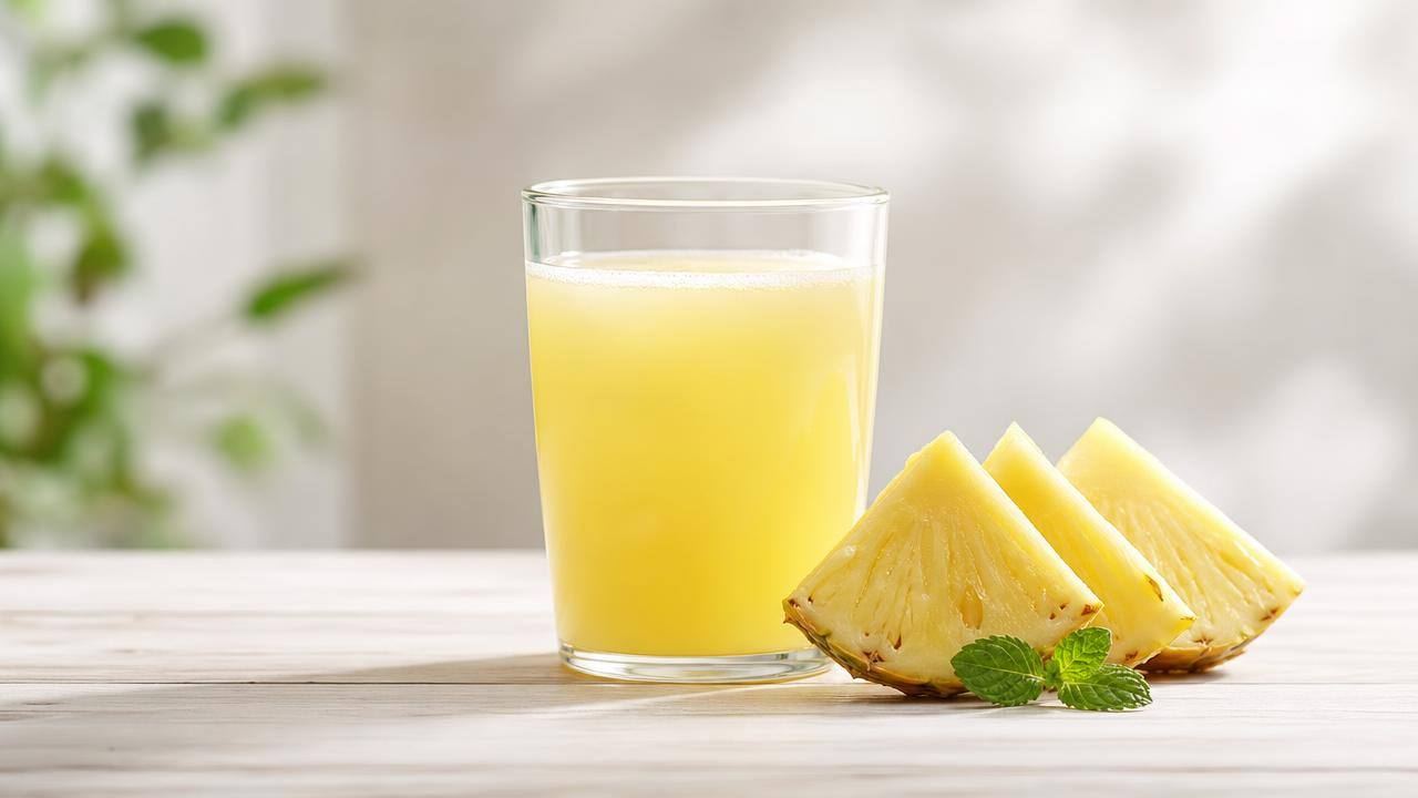 Copo de suco de abacaxi sem açúcar ao lado de fatias da fruta em uma mesa clara