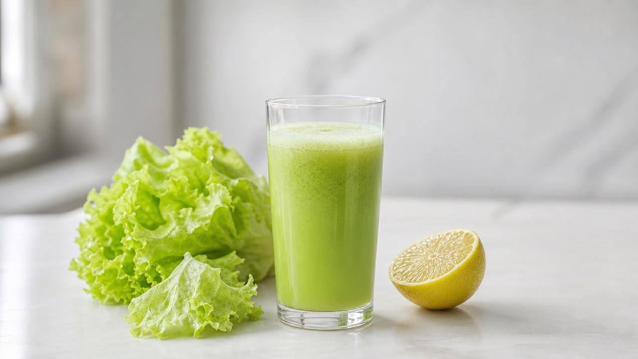 Copo de suco verde-claro com folhas de alface fresca ao lado em bancada clara