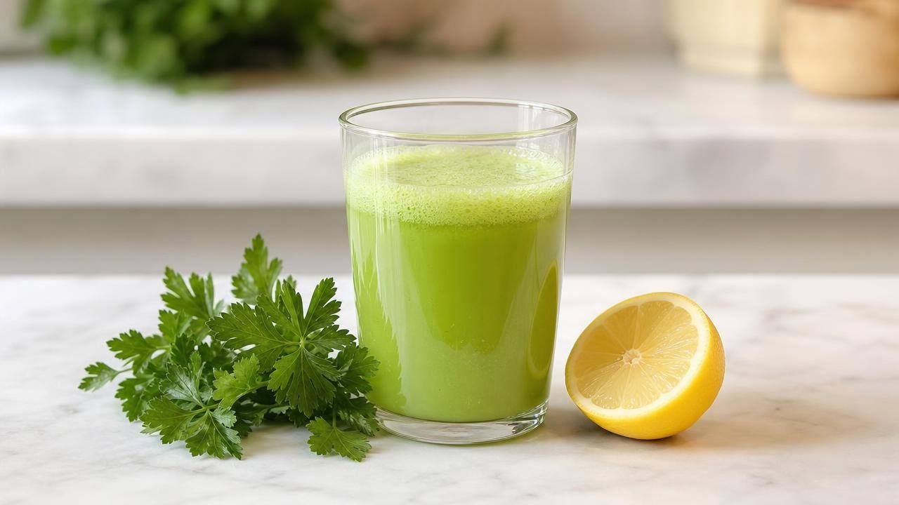 Copo de suco de salsa com limão ao lado de limões e salsa fresca sobre bancada clara