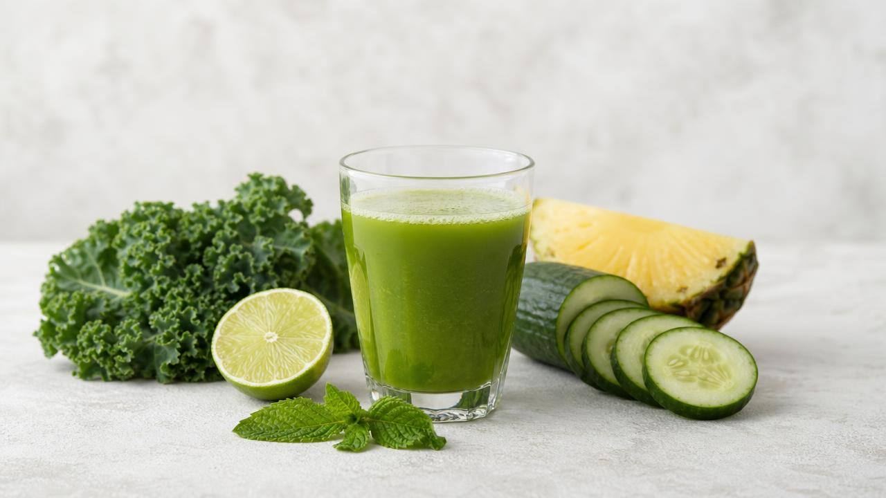 Copo de suco verde caseiro com couve, limão e frutas frescas sobre bancada clara