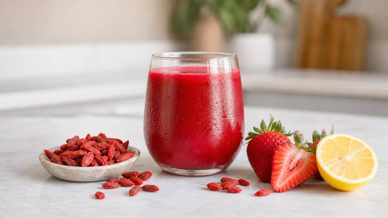 Copo de suco de goji berry com frutas vermelhas e limão sobre bancada clara