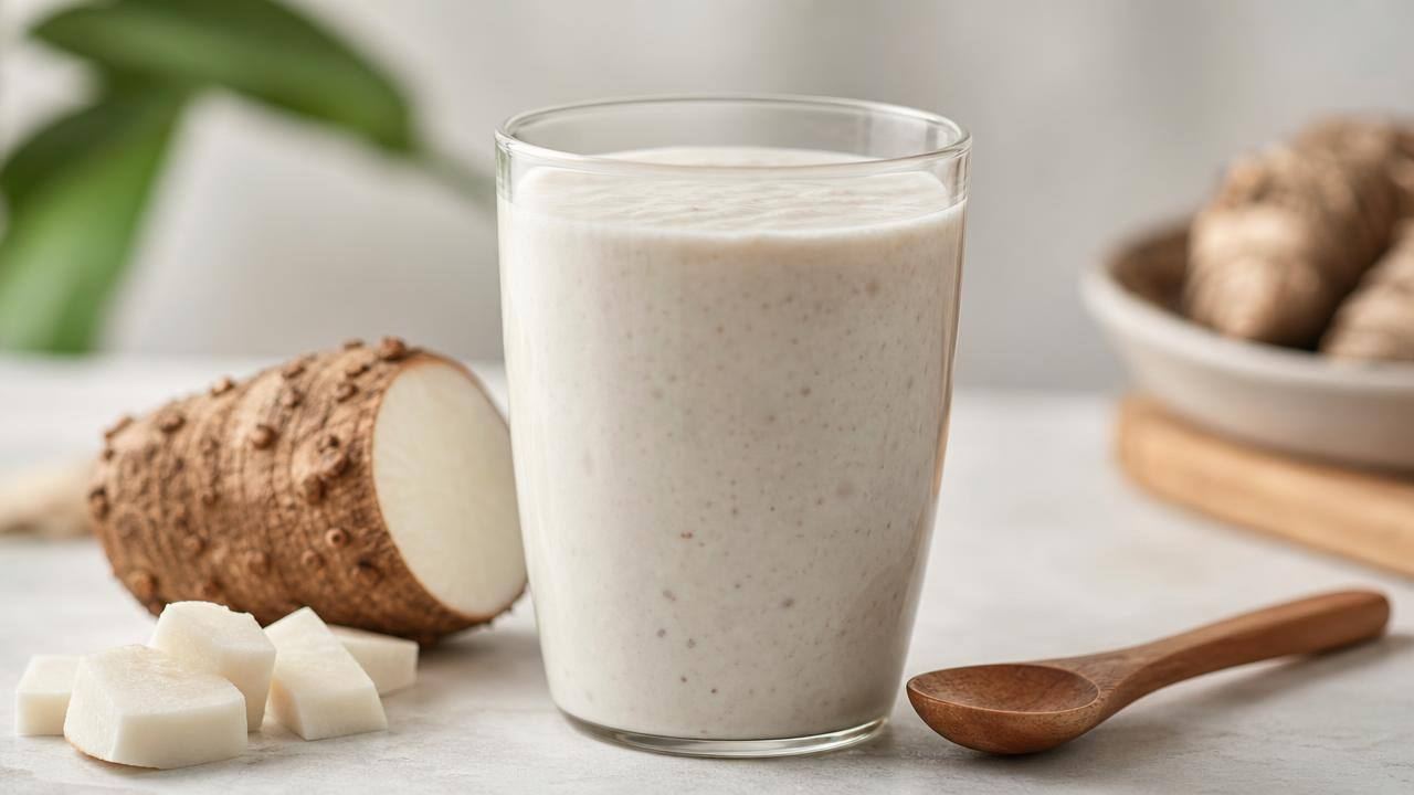 Copo de vitamina de inhame com leite ao lado de inhame cozido sobre mesa clara