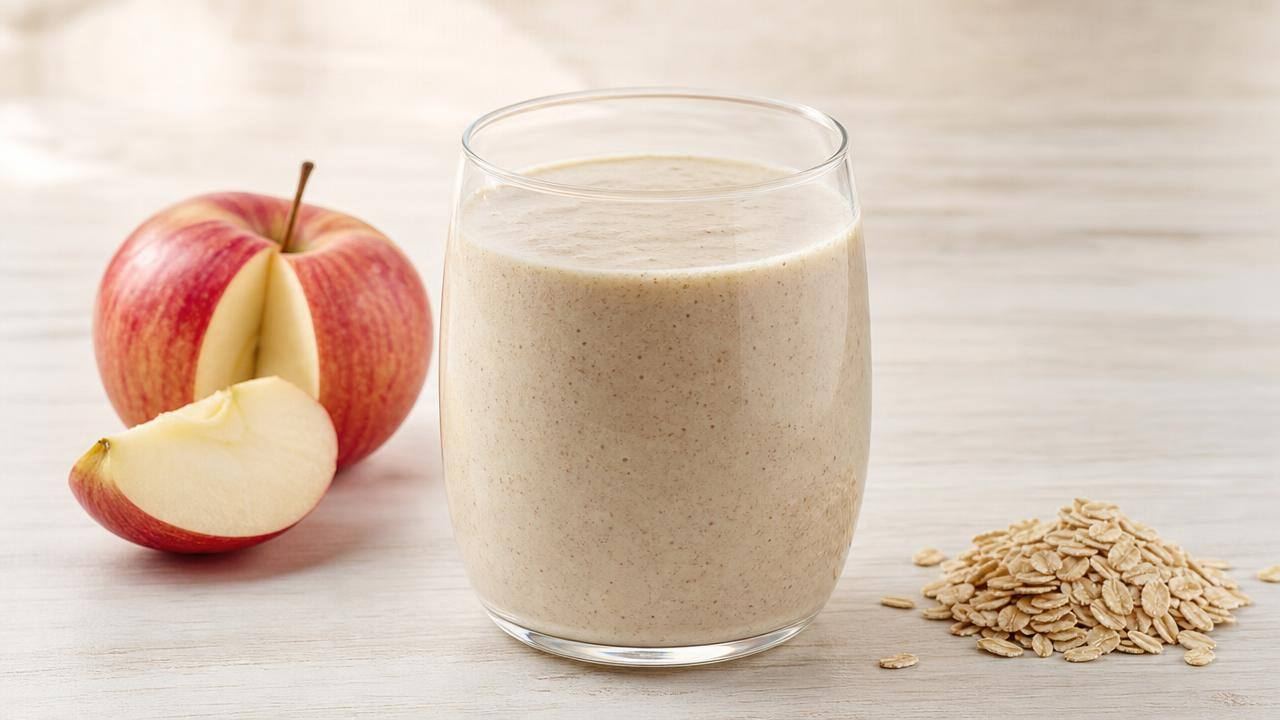 Copo de bebida cremosa de maçã e aveia ao lado de uma maçã fresca e aveia em flocos